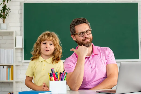 Father Teacher Helping Son Boy School Lessons Education Knowledge — Zdjęcie stockowe