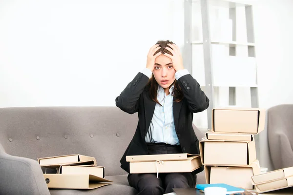 Sadness Depressed Businesswoman Folders Documents Frustration Secretary Girl Stressed Employee — Foto Stock