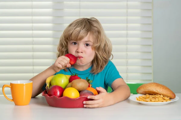 Child Eats Strawberry Organic Fruits Kid Preteen Boy Years Old — Stock Photo, Image