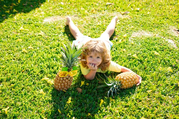 Portrait Little Kid Outdoors Summer Smiling Cute Funny Boy Holding — Stock Photo, Image