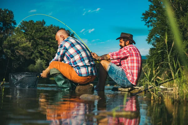 Two Men Friends Fisherman Fishing River Old Father Son Rod —  Fotos de Stock