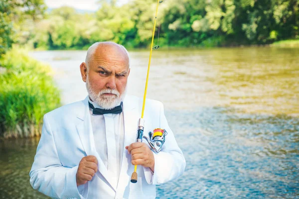 Portrait Senior Businessman Fishing Excited Mature Man Fisherman White Suit — 图库照片