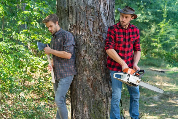Two Lumberjacks Woodcutters Chainsaw Axe Forest Workers — 스톡 사진