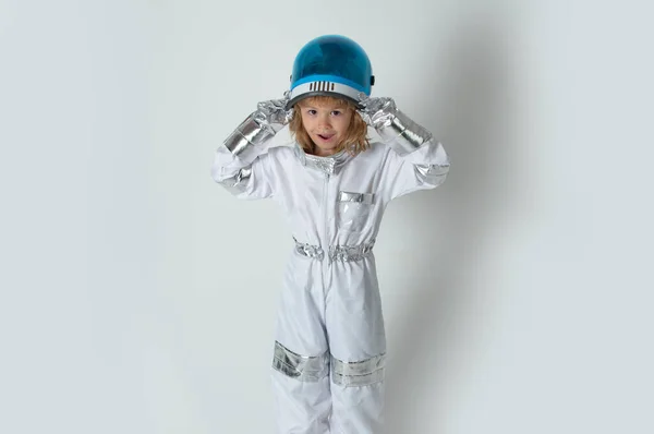 Kid Boy Exploring Space Portrait Cute Kids Space Suits Cosmonautics — Foto Stock