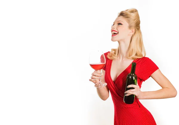 Drinks and degustation red wine. Smiling woman drinking red wine on white background isolated