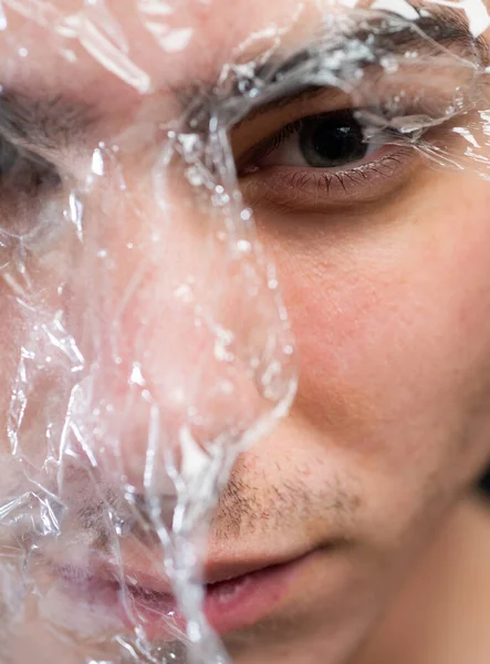 Health Care Man Transparent Piece Plastic Surrounded His Head Ecology — Fotografia de Stock