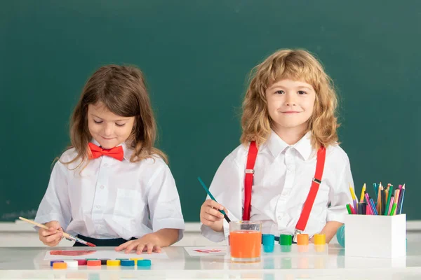 Portrait School Kids Doing Art Homework Children Drawing Elementary School — 图库照片