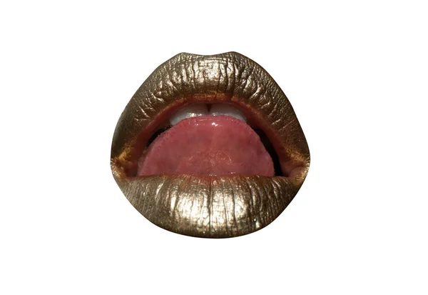 Gouden Lippen Van Dichtbij Lip Met Metalen Gouden Maetallic Kipstick — Stockfoto
