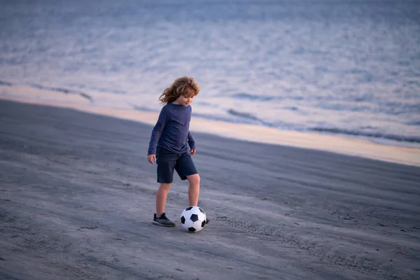 Boy Child Playing Football Football Field Kid Playing Soccer Beach — Zdjęcie stockowe