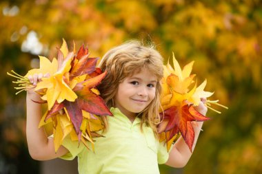 Mutlu sonbahar, komik sonbahar. Sonbahar parkında mutluluk ve neşeli çocuk