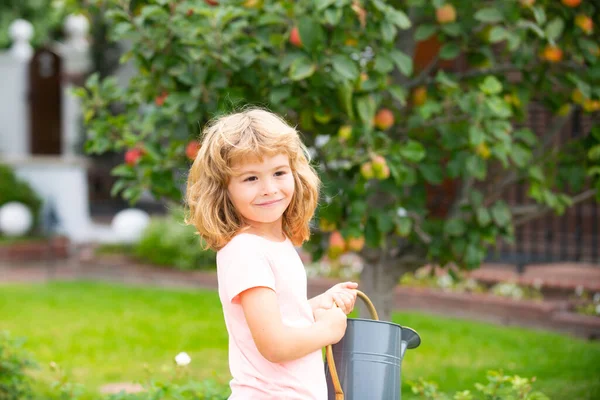 Child Boy Pouring Water Trees Kid Helps Care Plants Watering — Stockfoto