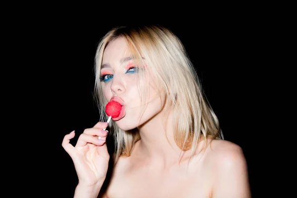 Sexy Woman Face Sexy Girl Lollipop Sensual Woman Lip Lick — Stockfoto