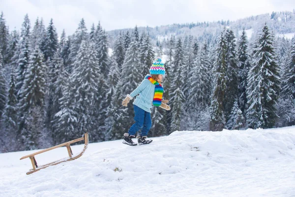 Αγόρι Παιδί Γλιστράει Έλκηθρο Στο Χιόνι Του Χειμώνα Χριστουγεννιάτικες Γιορτές — Φωτογραφία Αρχείου