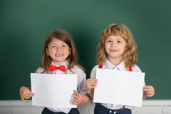 Two Little Schoolkids Education Friendship School Concept Two Schoolkids Holding — Foto Stock