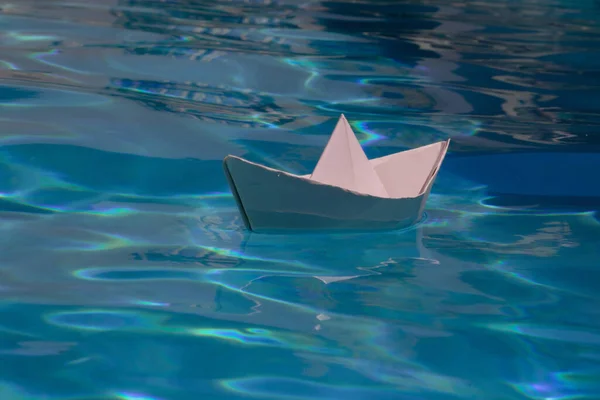 Paper Boat Sailing Blue Water Surface Paper Boat Sailing Blue — Foto de Stock