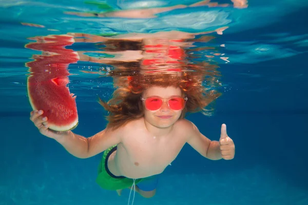 Underwater Boy Watermelonin Swimming Pool Cute Kid Boy Swimming Pool — Stockfoto