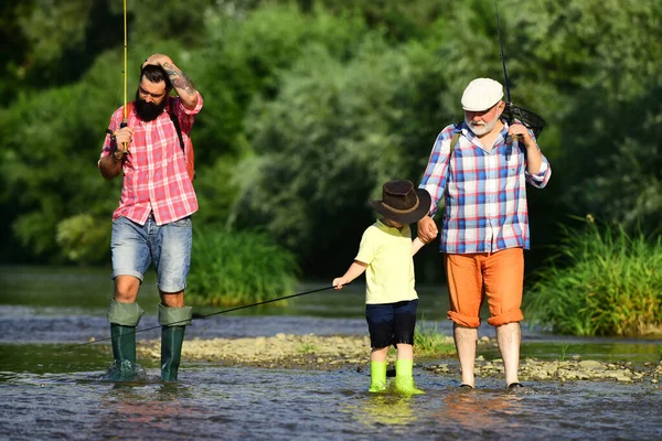 Fishing Son Grandson Grandfather Father Cute Child Boy Fishing — Foto Stock