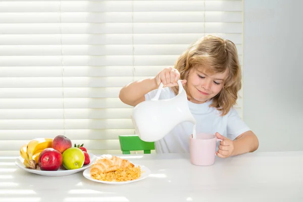 School Chil Pouring Whole Cows Milk Breakfast Child Kitchen Table — Foto Stock