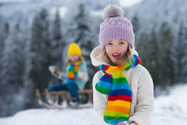 Lovely Joyful Girl Lpaying Winter Forest Funny Excited Child Girl — Photo