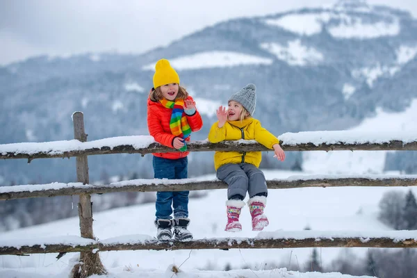 冬の屋外で面白い小さな子供たち 霜の降る雪の日の屋外で笑顔の子供たちの友人 2人のハンサムな男の子女の子が雪の背景と公園で一緒に休んでいます 癒しの子供の感情 — ストック写真