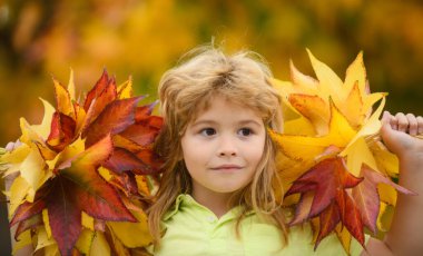 Autumn child with autumn leaves on fall nature background. Portrait of kid with fall leaves outdoor in autumn park