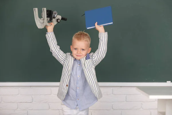 Schoolboy Microscope Book School Boy Studying Math Lesson Classroom Elementary — Zdjęcie stockowe