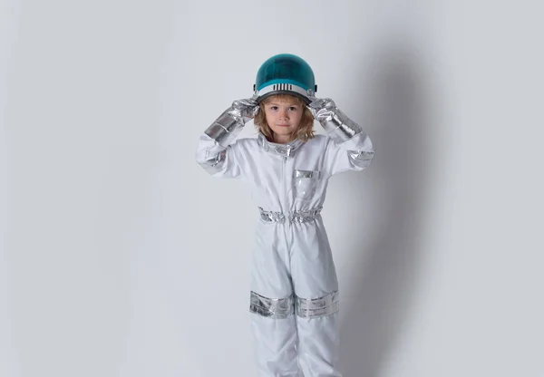 Little Boy Astronaut Space Suit Holding Helmet Success Creative Start — Photo