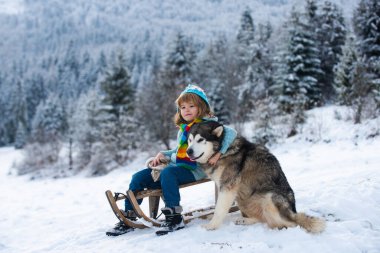 Boy kid enjoying a sleigh ride. Child on sleigh. Child plays outside in the snow. Winter, holiday and Christmas time. Kids hug embrace dog husky