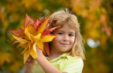 Sonbahar çocukları havasında. Akçaağaç yaprağı üzerine düşen yapraklı çocuk