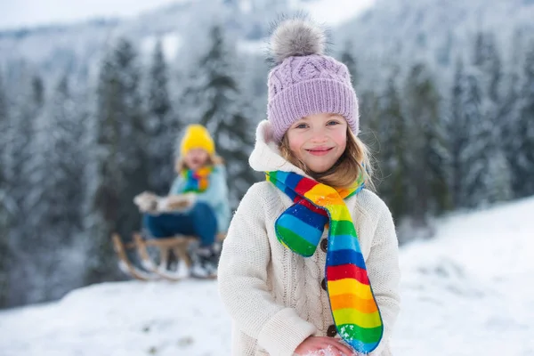 Funny Child Cute Girl Playing Winter Snowy Park Christmas Holiday — Stock Photo, Image