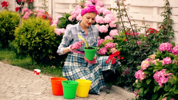园艺师女人在自家花园种花 园艺和花卉栽培 美丽的老妇人在后院种花 花的护理 快乐的年轻园丁采摘水草 — 图库视频影像