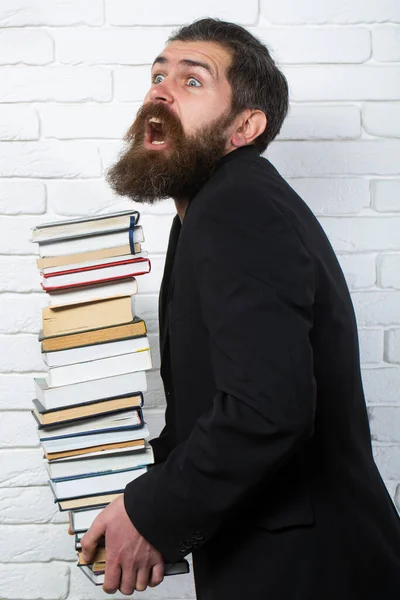 Funny Teacher Professor Book Stack Thinking Serious Mature Teacher Falling — 스톡 사진