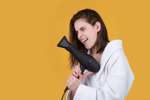 Young Funny Woman Using Fun Hair Dryer — Stock Photo, Image