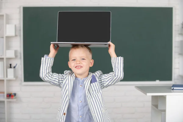 Elementary School Kid Holding Laptop Head Computer Class — Photo