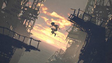 Günbatımı sahnesine karşı bir binanın yıkıntılarından atlayan bir çocuk, dijital sanat tarzı, resimli resim