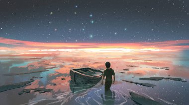 Gemi enkazı ile bir nehirde duran bir adam gökyüzünün arka planına ters dönmüş, dijital sanat tarzı, resimli resim