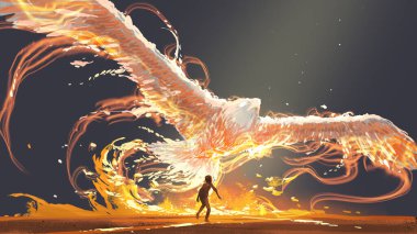 Çocuk, üzerinde uçan Anka kuşuna bakıyor. Dijital sanat tarzı, resimli resim.