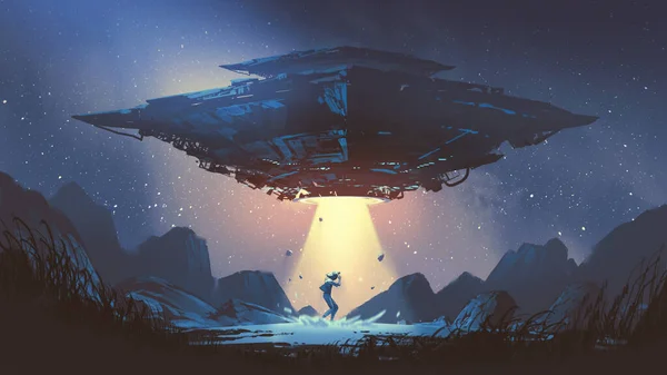 夜に人間を誘拐した宇宙船を示すSci Fiシーン デジタルアートスタイル イラスト絵画 — ストック写真