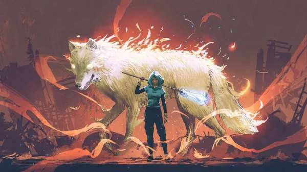 一个拿着魔法矛站在她的守护狼面前的女人 数码艺术风格 插图绘画 — 图库照片