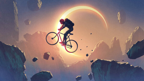 Cyclist Crossing Cliff Sky Solar Eclipse Digital Art Style Illustration Stock Image