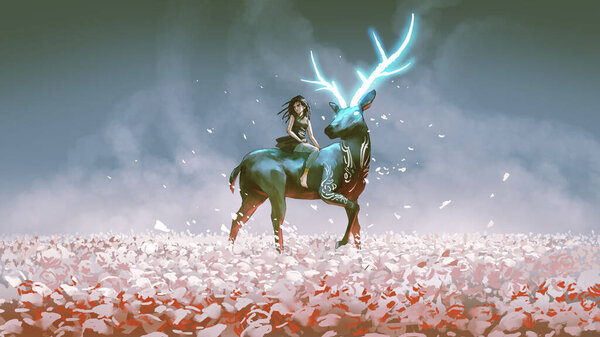 Young Girl Sitting Her Magic Stag Glowing Horns Digital Art Stock Picture