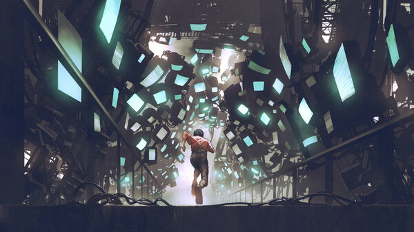 Cyberpunk Concept Showing Man Running Futuristic Path Full Monitors Digital Royalty Free Stock Images