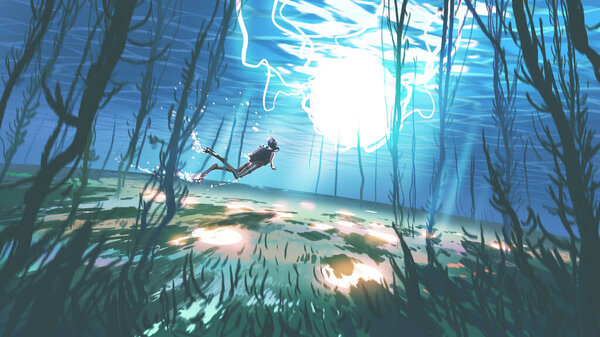 Diver Discovers Huge Glowing Sphere Sea Digital Art Style Illustration Stock Photo