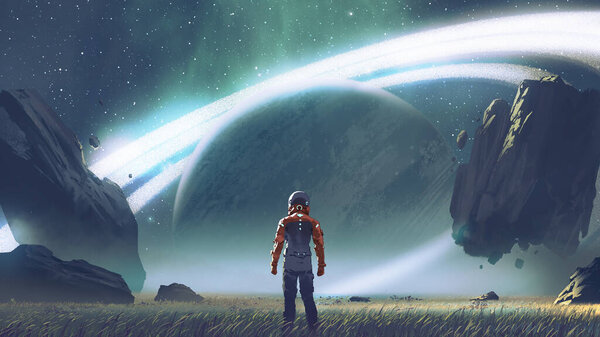 Sci Scene Showing Futuristic Man Standing Field Looking Planet Giant Stock Image