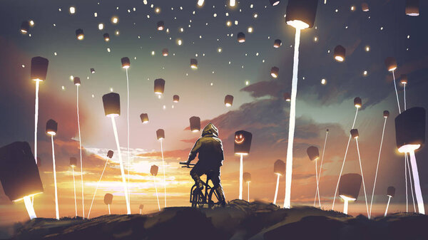 Man Bicycle Land Full Lanterns Digital Art Style Illustration Painting Royalty Free Stock Photos