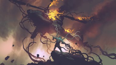 mutant using the strength of his strong body to destroy the helicopter, digital art style, illustration painting
