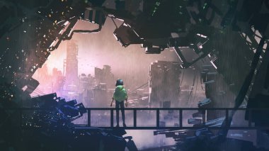 Boy on the bridge looking at the dystopian city outside, digital art style, illustration painting