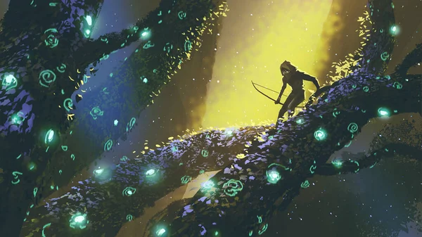 阿切尔站在一棵树上 在幻想森林里 数码艺术风格 插图绘画 — 图库照片