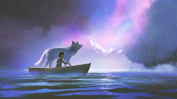 Rapaz Remando Barco Com Seu Lobo Entre Estrelas Céu Noturno — Fotografia de Stock