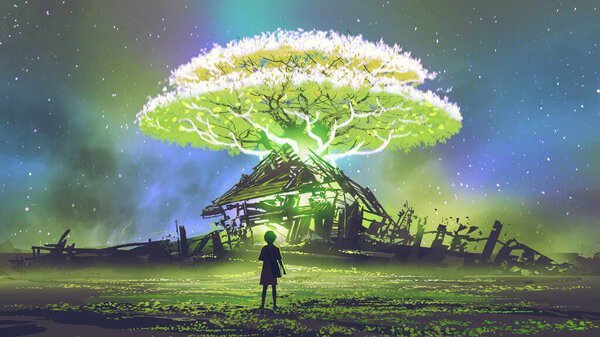 Girl Looking Glowing Tree Formed Ruins House Digital Art Style Stock Image